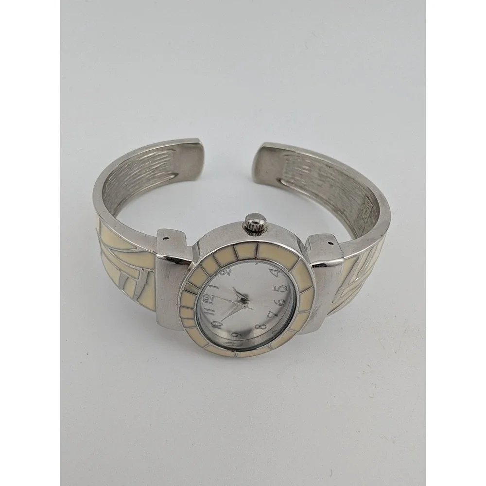 Women's Quartz Watch 33mm Case White Enamel Inlay Hinge Bangel Band- New Battery